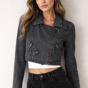 FREE PEOPLE Women’s Cropped Moto Jean Jacket Washed Black Size S